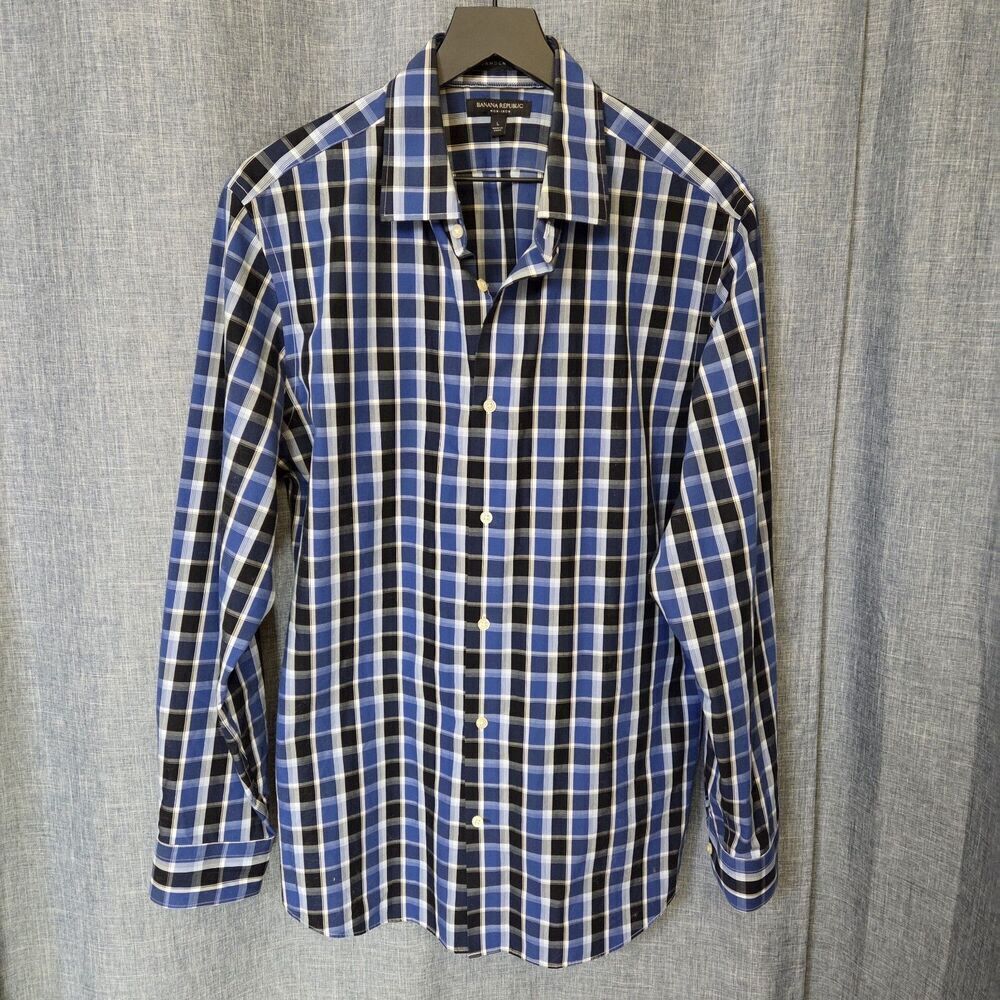 Banana Republic Oxford Shirt Camden Fit Men's L Mid-Wt Blue White Plaid No Iron